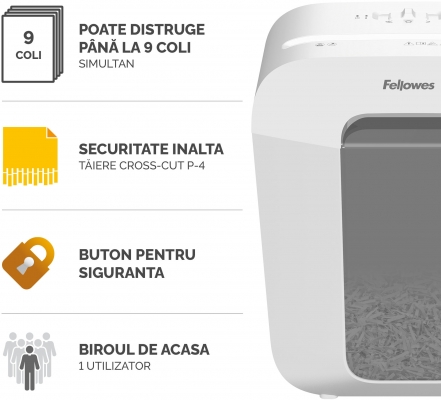 Distrugator documente Fellowes Powershred, LX50, 9 coli, Cross-Cut, alb 